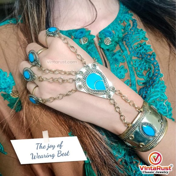 Single Vintage Slave Turquoise Bracelet, Handmade Bracelet with Rings, Afghan - Picture 5 of 10